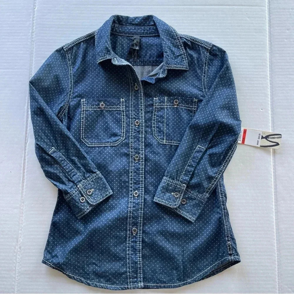 NWT SEVEN7 Button Down Dark Wash Blue Denim Jean Shirt